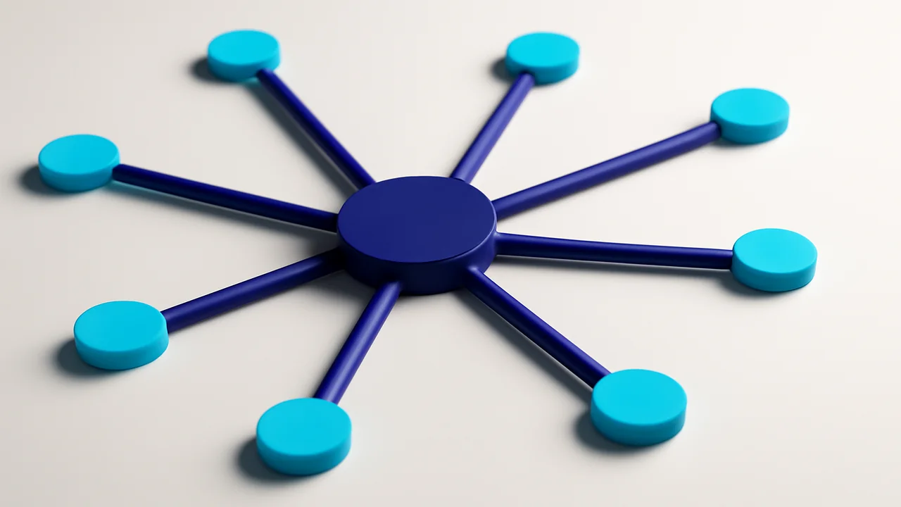 Editorial illustration of a hub-and-spoke network diagram